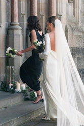 Cheap Black Straps Bridesmaid Dress UK Satin with Cowl Neck Sleeveless Mychicdress